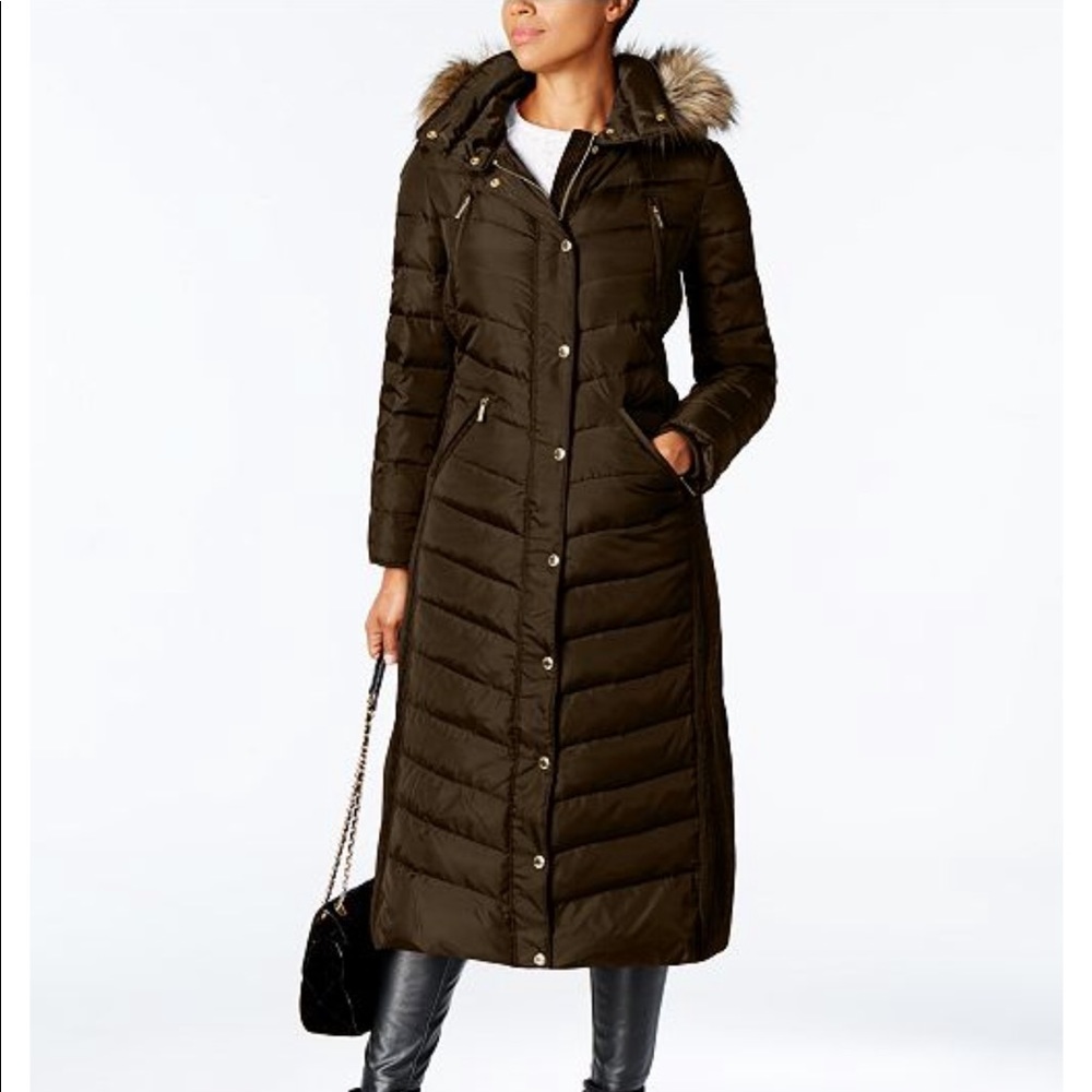 Michael Kors Fur Trim Maxi Puffer Coat